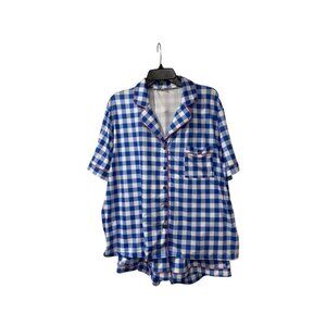 Blue & White Checkered Pajama Set With pink Piping By Blakeley L/XL Button-Up To